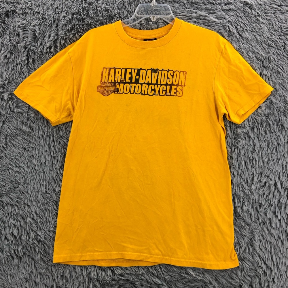 Harley Davidson Tshirt Mens Large Spellout Motorcycles Yellow Shirt Short Sleeve